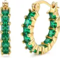Gold plated hoop earrings with square emerald green cubic zirconia stones closeup detail view - Gold Green Rhinestone Style (e2759 Style 7)