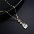 Exquisite gold-plated brass necklace with dazzling leaf-shaped and teardrop cubic zirconia. - 14k / Gold