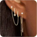 Ensemble de boucles d'oreilles chaînes dorées pour femmes, bijoux de piercing tendance en zircons. - e2605 Or (4 Pièces/Pack) / Pack de 4 / Or