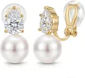 Elegant gold plated teardrop cubic zirconia and pearl clip-on earrings detailed close-up view. - e2517 Teardrop Rhinestone Pearl Style