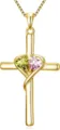 Vue détaillée du collier croix dorée avec pierres précieuses cœur double pendentif élégant. - Jaune Rose