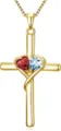 Close-up detail of the gold cross pendant featuring interlocking red and light blue heart gemstones. - Dark Red And Light Blue