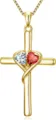 Detail shot of the gold cross pendant with dual interlocking crystal and ruby heart gemstones. - White And Light Red