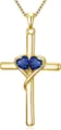 Detailed close-up of gold-tone cross pendant necklace with sparkling blue double heart stones. - Double Dark Blue