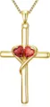 Detail view of gold cross pendant necklace featuring double red heart stones and box chain. - Dark Red And Light Red