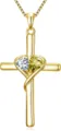 Detail view of the gold-plated cross pendant necklace featuring dual sparkling heart gemstones. - White Yellow