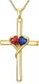 Gold cross necklace with red and blue heart cubic zirconia stones for women detail view. - Dark Red Dark Blue