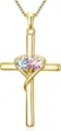 Close-up detail of the gold cross pendant necklace featuring dual sparkling heart stones. - White Pink