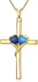 Close-up detail of the elegant gold cross double heart blue gemstone pendant necklace. - 14k / Dark Blue Light Blue