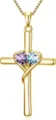 Gold cross necklace with dual heart gemstones detail, elegant faith jewelry pendant. - 14k / Purple and Light Blue