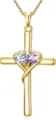 Gold cross pendant necklace featuring intersecting hearts and dual crystal stones. - 14k / White Purple