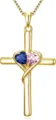 Gold cross necklace with blue and pink heart gemstones, elegant pendant for women everyday wear. - 14k / Dark Blue Pink