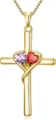 Gold Cross Double Heart Pendant Necklace with Purple and Red Stones Variant SKU - 14k / Purple And Light Red