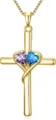 Gold cross necklace with purple and blue heart gemstones, elegant pendant jewelry for women variant. - 14k / Light Purple and Light Blue (x935)