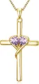 Gold cross necklace with double purple heart gemstones, elegant jewelry gift for women. - Double Light Purple