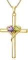 Gold cross heart pendant necklace with purple and green stones, elegant daily jewelry item. - Light Purple-Yellow