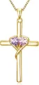 Gold Cross Necklace with Dual Heart Crystal Pendant Interlocking Design for Women Jewelry - Light Purple Pink