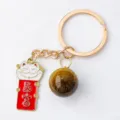 Chinesischer Metallschlüsselanhänger mit Glückskatze und Natur-Tigerauge-Perlen-Anhänger. - Reichtum-Tigerauge Ball Glückskatze / Tigerauge