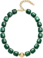 Detailed shot of emerald green resin bead necklace with gold-tone spacers and central bead. - 14k / Dark Green (x878)