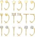 Gros plan de bijoux dorés avec divers motifs géométriques et détails de pierres. - Parure de Boucles d'Oreilles Étoile Géométrique (e2119) / Ensemble de 9 Paires / Or