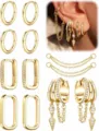 Primo piano dettagliato di orecchini a cerchio dorati multipli e catene per look alla moda. - Set di 5 Paia / Oro (e2293)