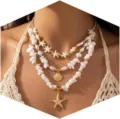 Λεπτομέρεια πολυεπίπεδου κολιέ με αστερία και κοχύλι, στιλ διακοπών στην παραλία. - Στυλ 5 (x849) / 14k / Χρυσό
