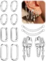 Set di orecchini a cerchio argentati con catenina pendente e splendidi zirconi cubici. - Set di 5 Paia / Argento (e2293)