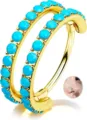 Detailopname van dubbele rij turquoise zirkoon goud hoepelring, veelzijdig lichaamssieradenstuk. - Blauw Gouden Stijl (e2346) / Blauw Goud