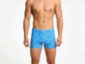 Men's blue boxer brief swim trunks with white rope print for beach swimming and vacation. - S / Patterned