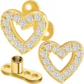 Closeup view of gold body piercing jewelry, sparkling zirconia crystal heart top, detailed base. - 1 Pair / Gold