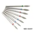 Diamond nail drill bits detail view, set of 7 pieces with color rings for professional manicure use. - NDB-85-09#