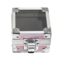 Pink glitter aluminum storage box detail view with transparent acrylic lid and metal clasp lock. - Pink