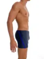 Close-up detail of men swim trunks side stripe design quick dry fabric comfortable fit beachwear. - Black