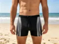 Professional men's swim trunks detail shot, quick-drying athletic boxer briefs for beach. - Gray