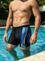 Men's professional sport swim trunks, black and blue gradient, comfortable boxer briefs. - S / Black