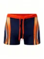 Men's professional athletic quick-dry swim trunks in blue with orange side stripes, variant style. - S / Orange Red
