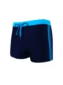 Men's navy blue athletic swim trunks with bright blue drawstring waistband and side stripes. - Navy Blue
