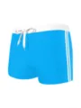 Men's blue swim trunks with white waistband, adjustable drawstring, and dual side stripes. - Lake Blue