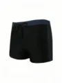 Men black swim trunks, slim fit nylon flat angle swimwear with drawstring and side stripes. - Black and Gray