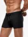 Men's black slim-fit boxer swim trunks, nylon beach swimwear with adjustable drawstring. - Black