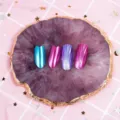 Metal chrome nail tips display set with purple agate plate for professional nail salons. - Round / Purple
