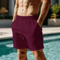 Men's solid quick-dry casual beach shorts detail view showing texture and drawstring. - S / Burgundy