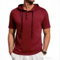 Camiseta de manga corta con capucha para hombre burdeos estilo henley con cordones ajustables - S / Burdeos