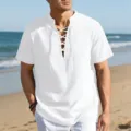 Detail view of white men casual lace-up short sleeve shirt, vintage beach summer design. - S / Tops / White