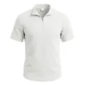 Men's waffle knit short sleeve polo shirt with quarter zip stand collar casual summer top. - S / Tops / White