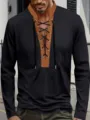 Detail view of men's black waffle knit long sleeve shirt with brown lace up color block collar. - S / Black