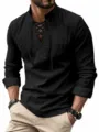 Men's long sleeve linen shirt casual lace up front mandarin collar pullover tops for spring fall - S / Black