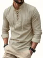 Mens long sleeve linen shirt casual V neck drawstring pullover top for autumn daily wear - S / Khaki