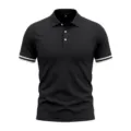 Men's casual black short sleeve polo shirt with contrast white striped cuffs and turn-down collar. - S / Tops / Black