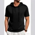 Camiseta casual de manga corta con capucha para hombre con botones y cordón para el verano. - S / Negro